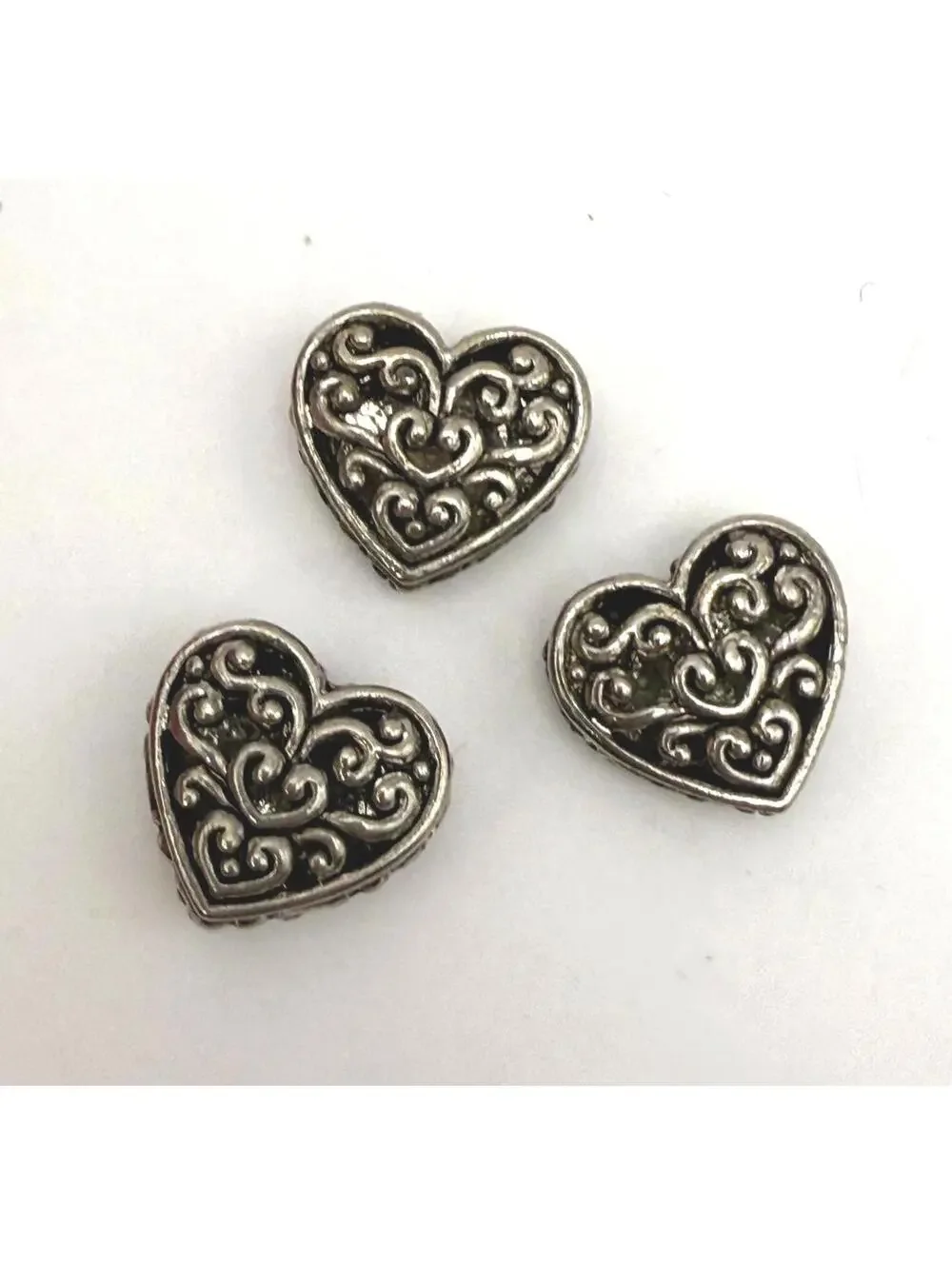 3 large Heart-Shaped Silver Beads